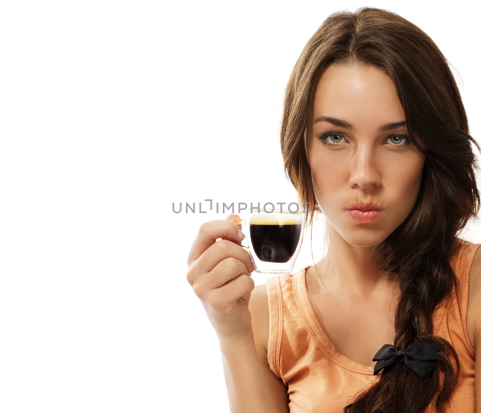 upset young woman with cup of espresso coffee on white background