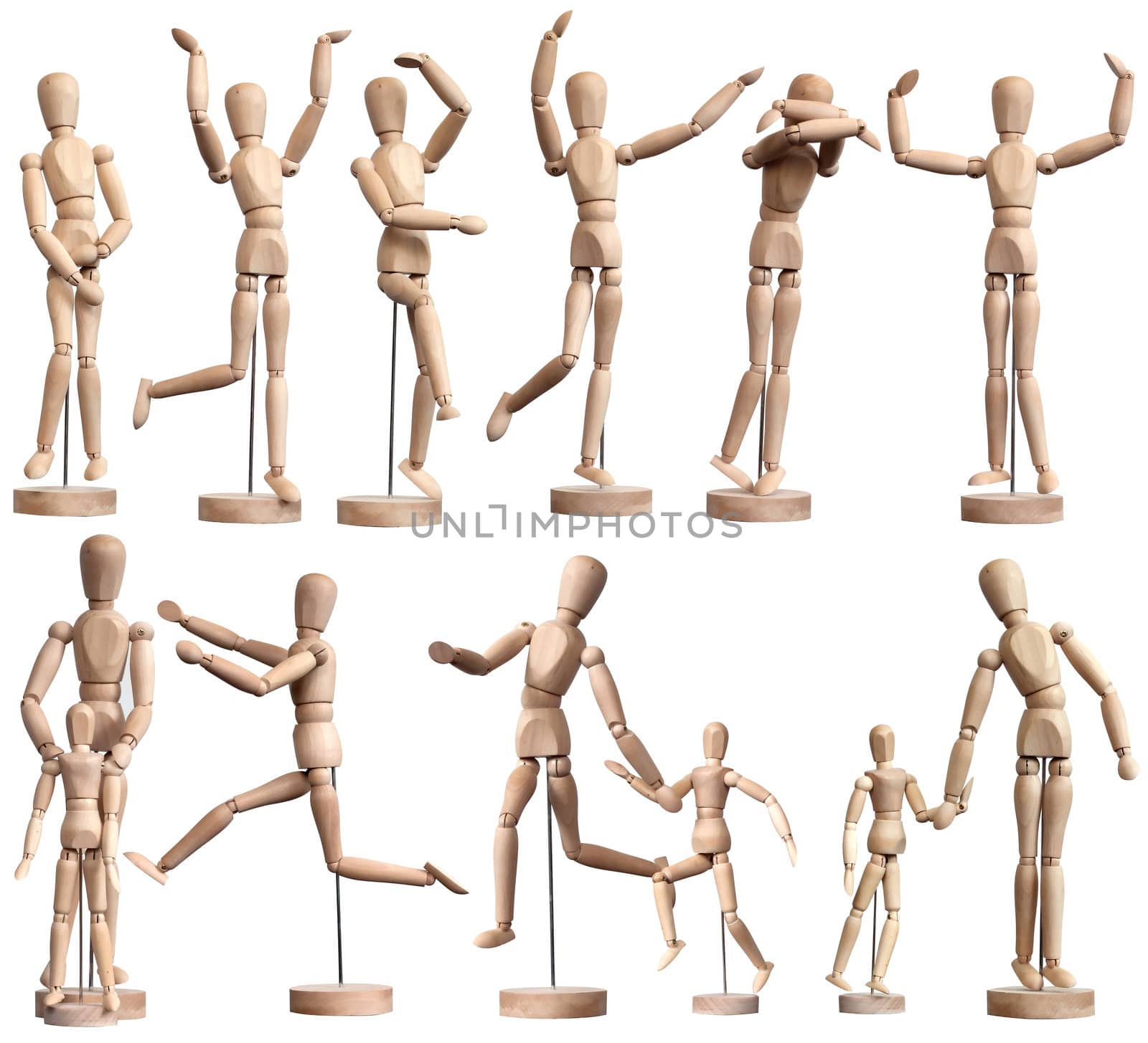 Collection of wooden Mannequins on white