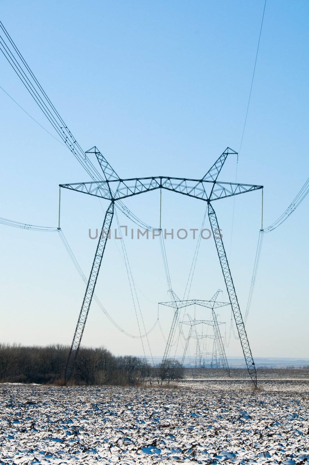 Line of electric pylons on winter field by iryna_rasko