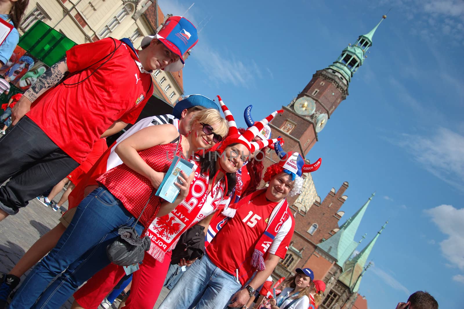 WROCLAW, POLAND - JUNE 8: UEFA Euro 2012, fanzone in Wroclaw. Czech and Polish group together on June 8, 2012.