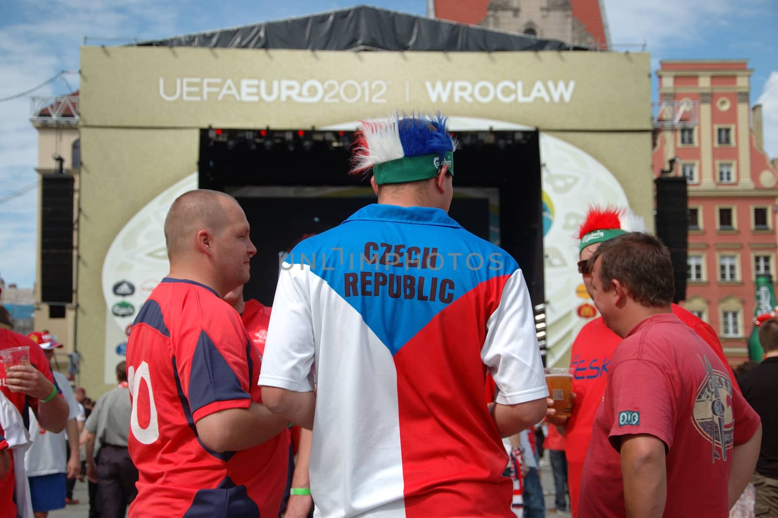 WROCLAW, POLAND - JUNE 8: UEFA Euro 2012, fanzone in Wroclaw. Czech Republic fans waiting for game with Russia on June 8, 2012.