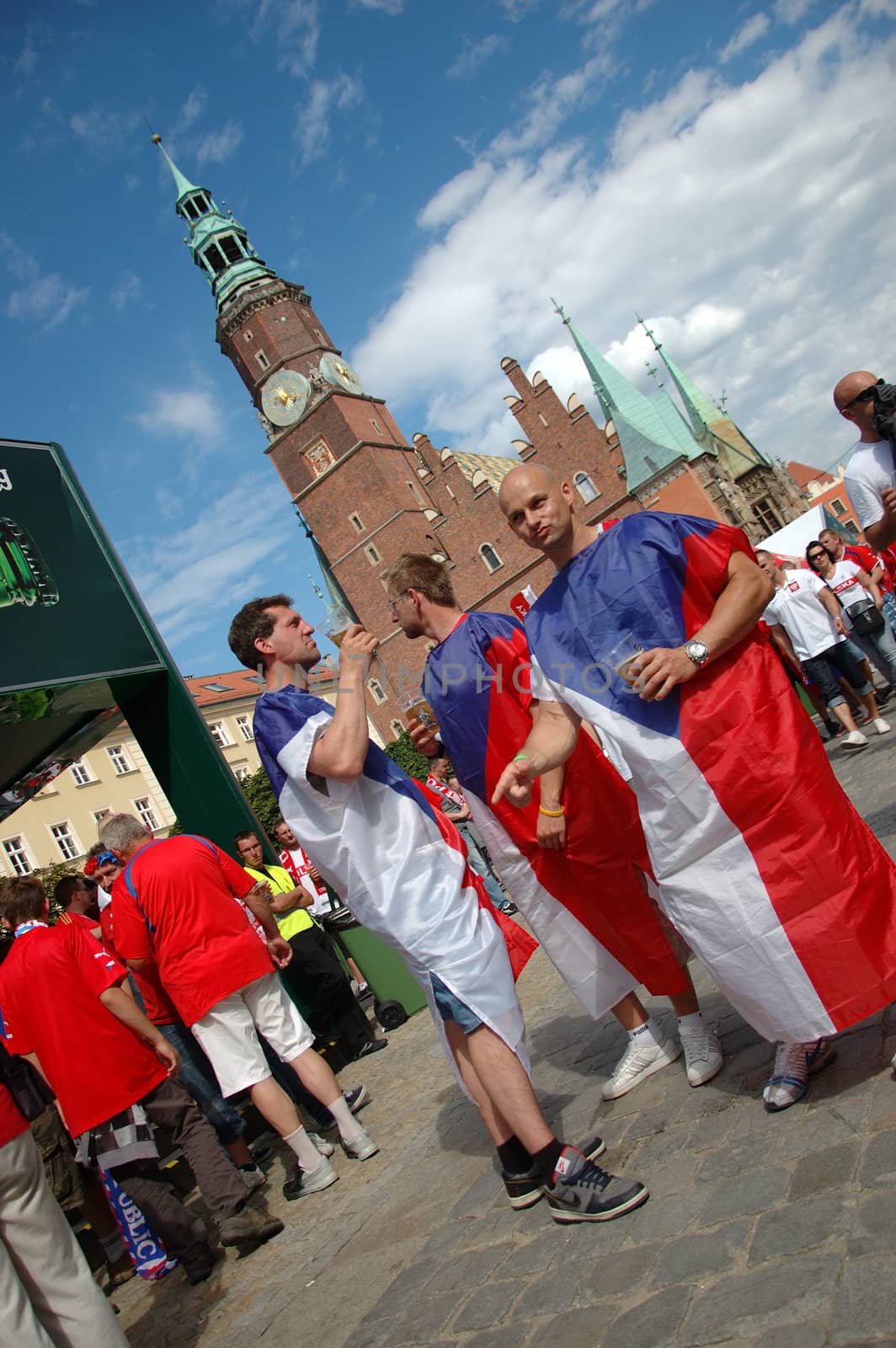 WROCLAW, POLAND - JUNE 8: UEFA Euro 2012, fanzone in Wroclaw. Czech fans in front of Town Hall on June 8, 2012.