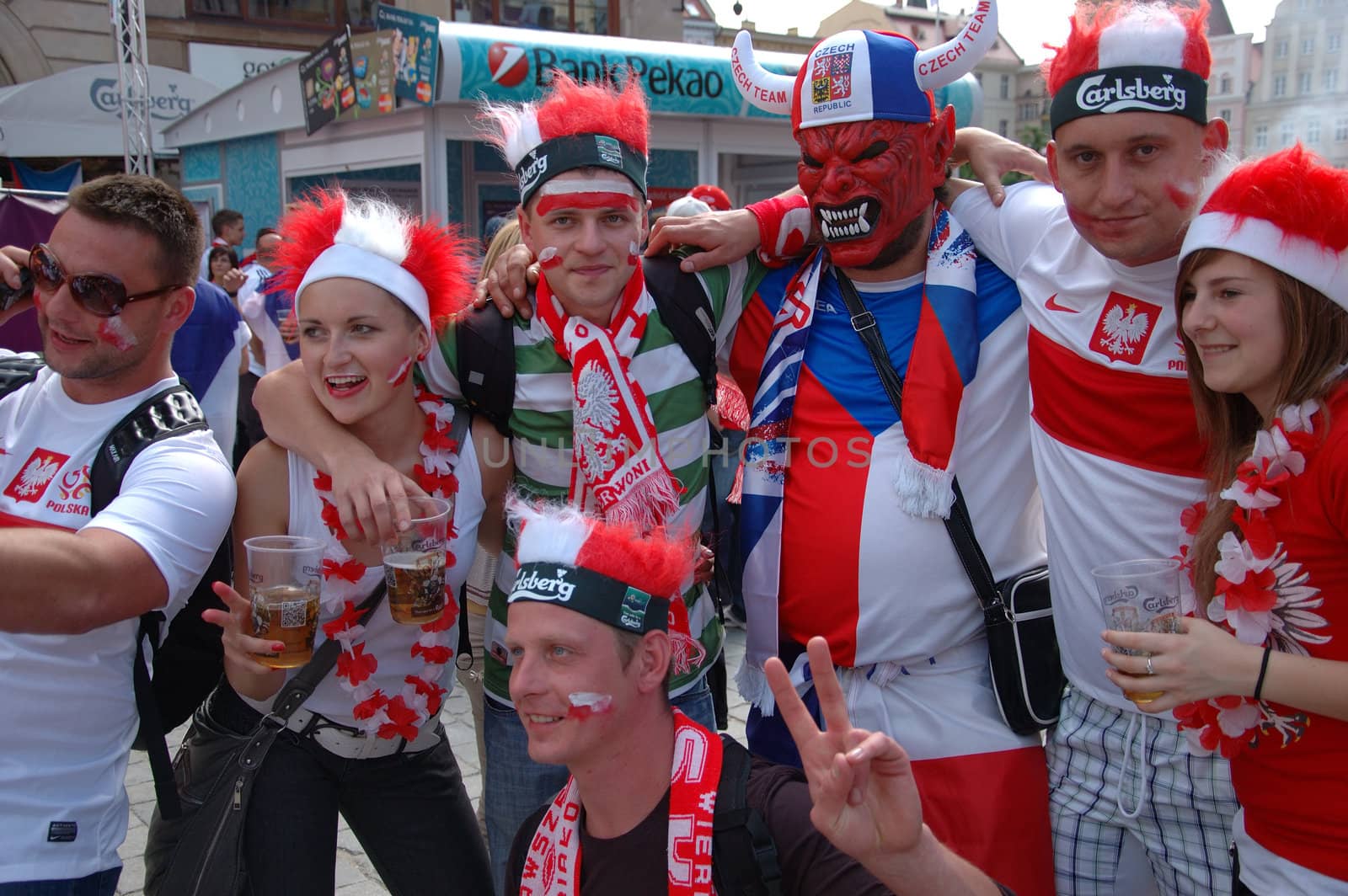 WROCLAW, POLAND - JUNE 8: UEFA Euro 2012, fanzone in Wroclaw. Polish and Czech group of fans on June 8, 2012.