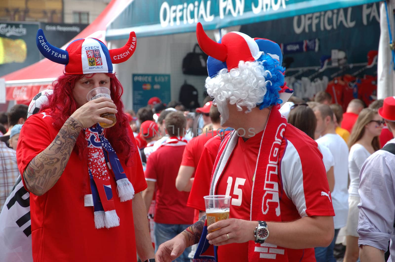 WROCLAW, POLAND - JUNE 8: UEFA Euro 2012, fanzone in Wroclaw. Czech Republic fans with hats on June 8, 2012.