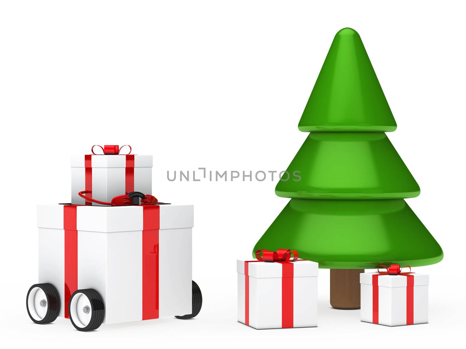 christmas gift box vehicle figure next tree