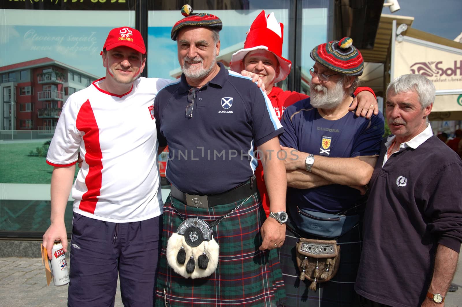 WROCLAW, POLAND - JUNE 8: UEFA Euro 2012, fanzone in Wroclaw. Polish and Scotish fans together on June 8, 2012.