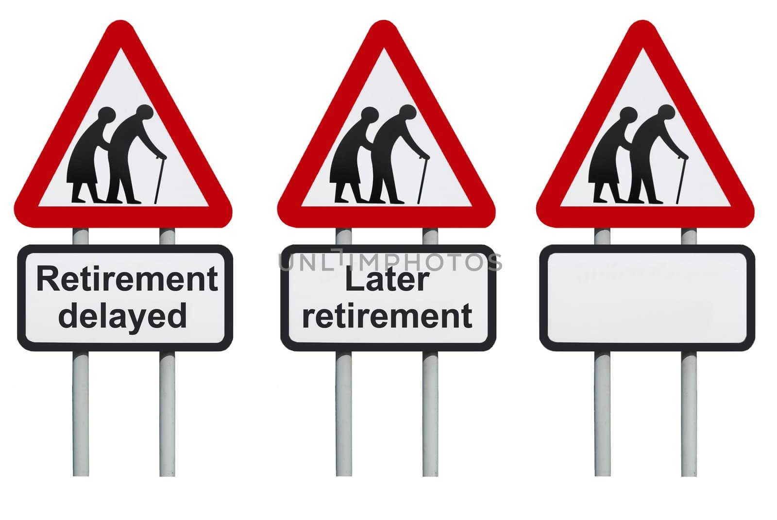 Retirement delayed warning roadsign isolated on a white background