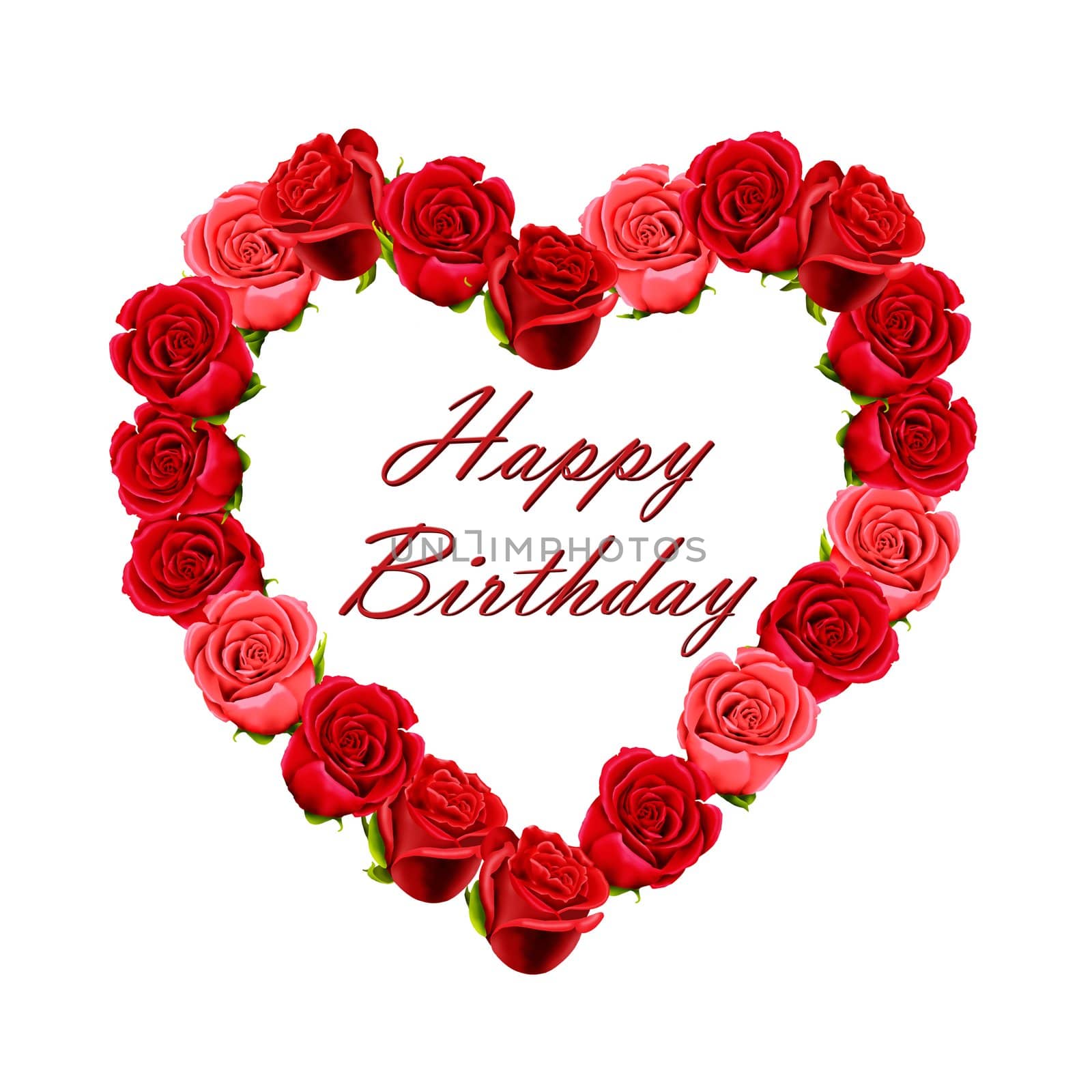 Birthday card with a heart made of red roses, isolated on a white background