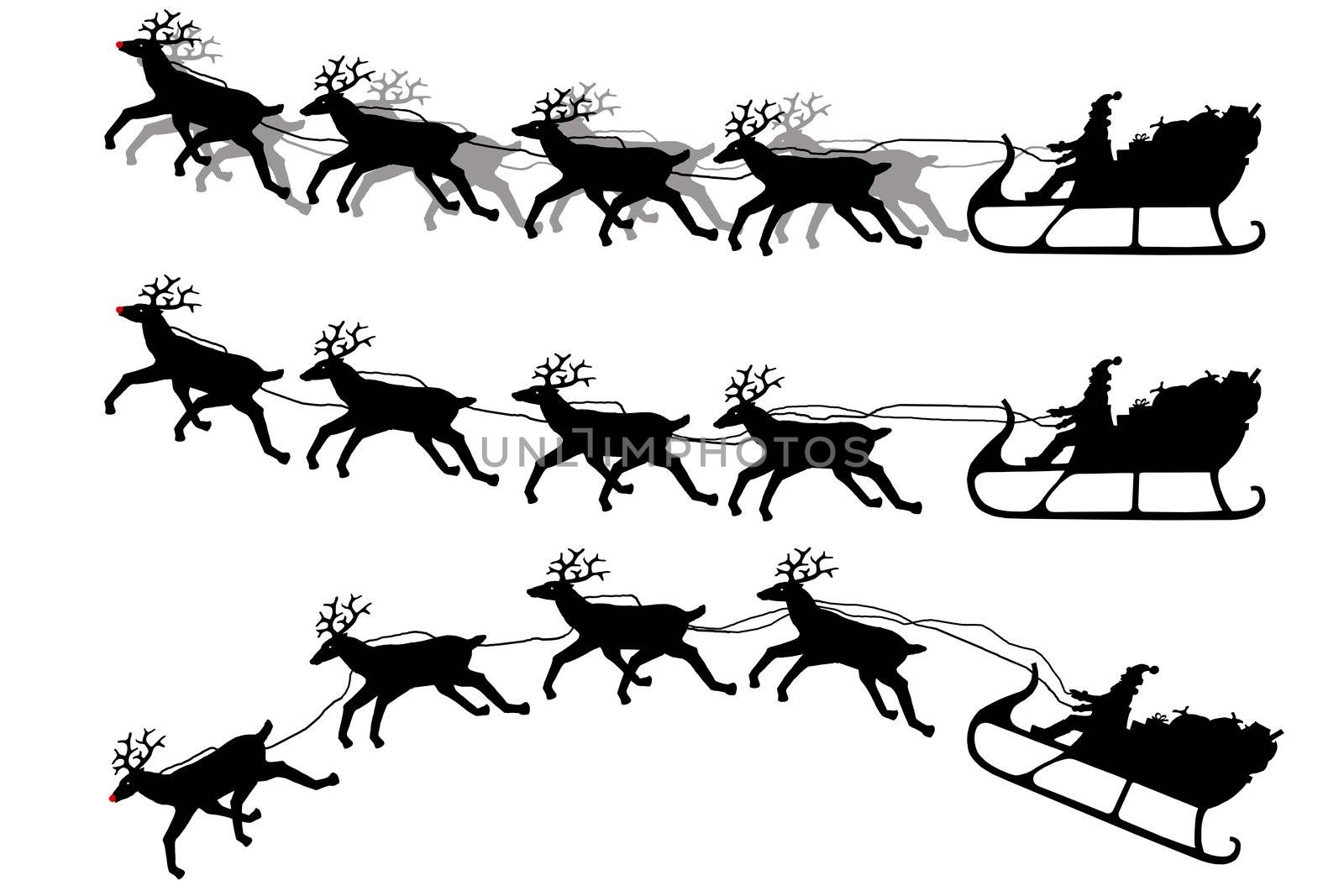 Santa Claus on his sleigh with reindeer, silhouette isolated on a white background