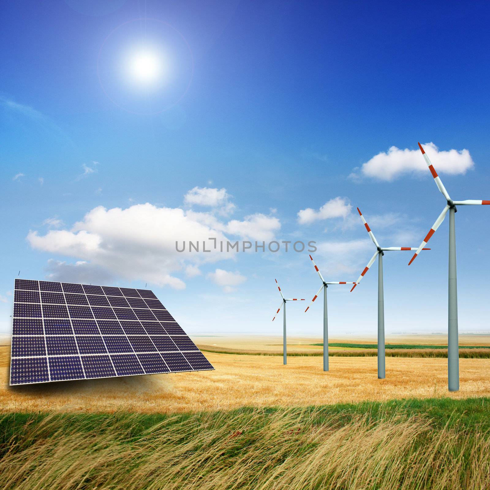 Wind turbines and solar panels generate electricity