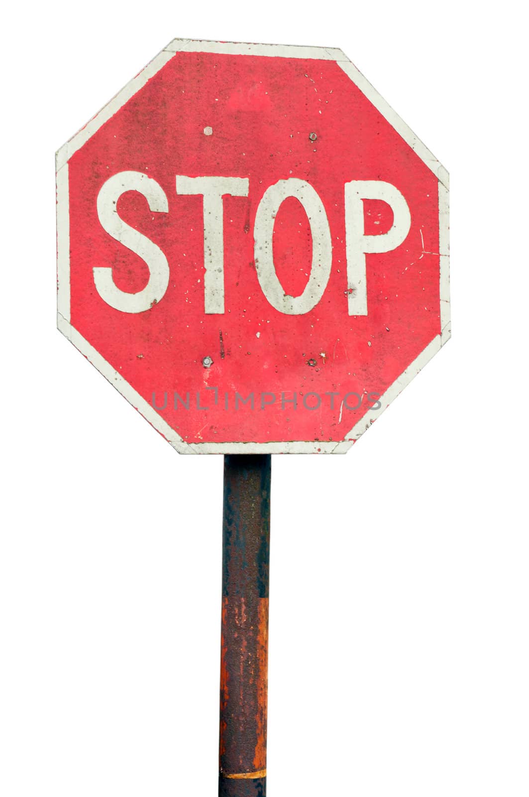 rusty stop sign on a metal pole (isolated on white background)