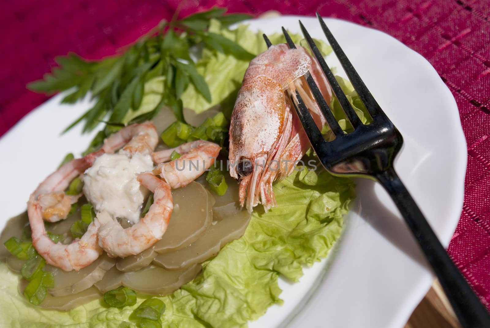 Easy snack from seafood and a marinaded cucumber with a sharp horse-radish