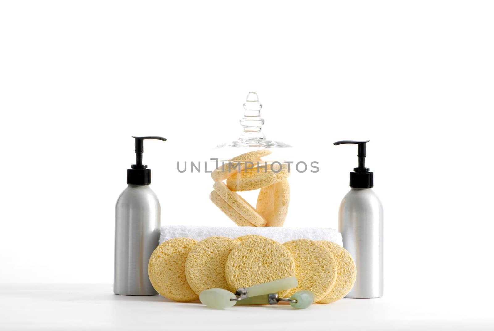 Various professional spa products arranged on a white background