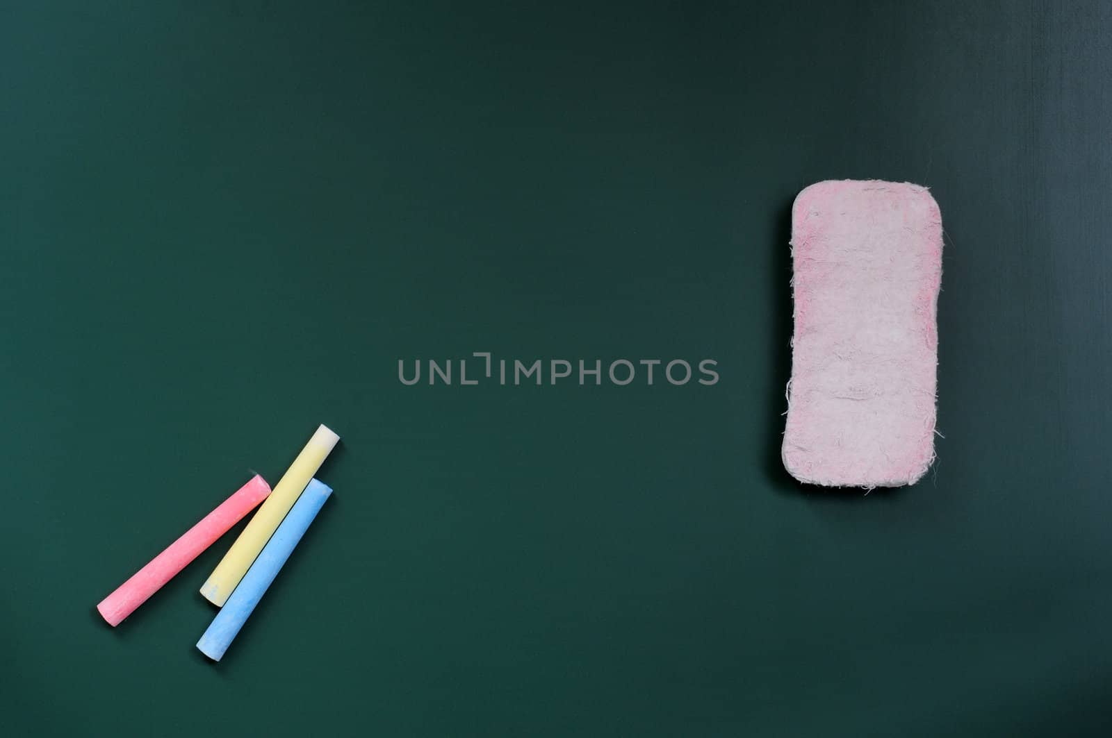 Blank blackboard for copy space with eraser and chalk