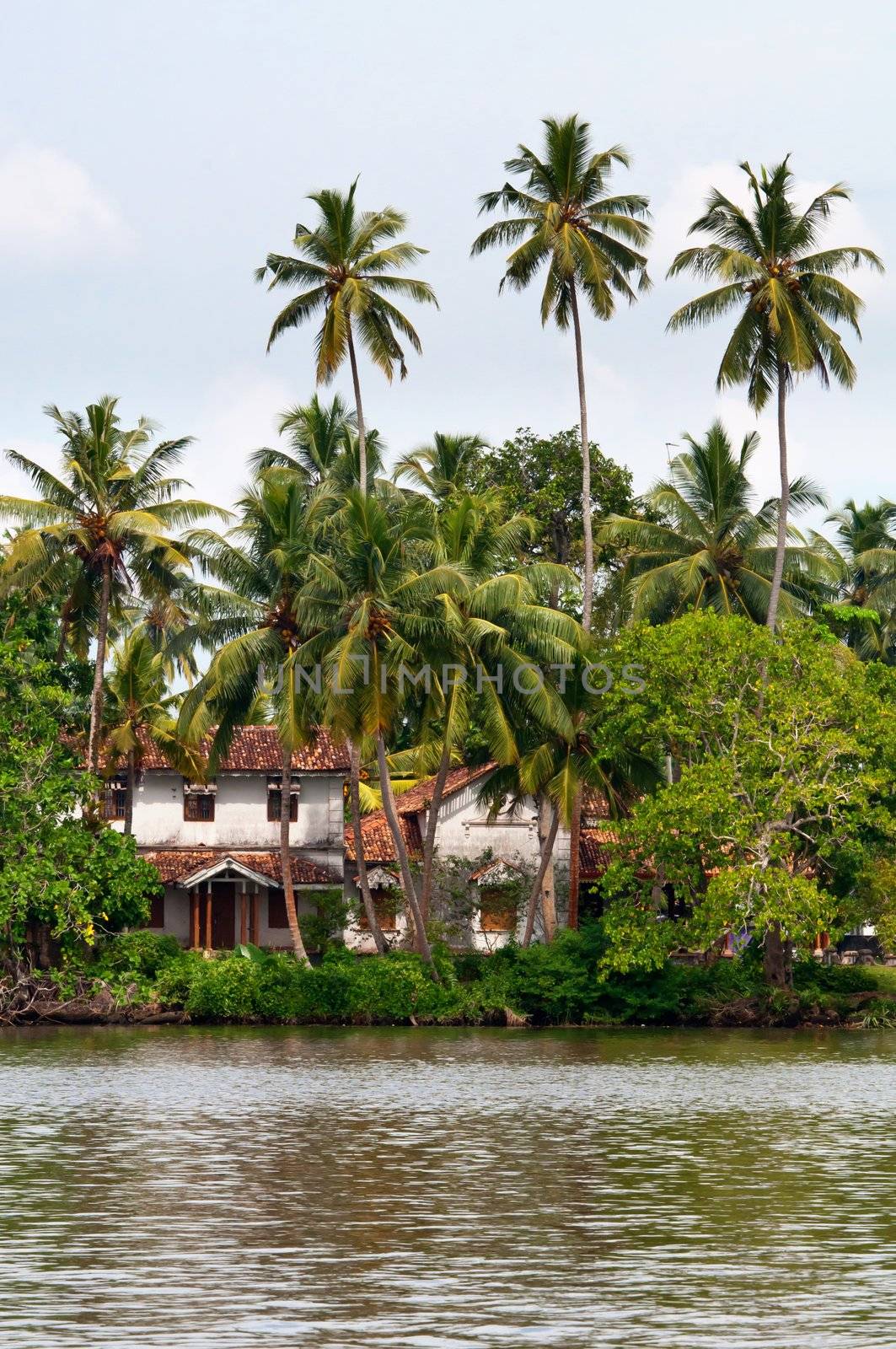 Abandoned building in jungle with big river on front