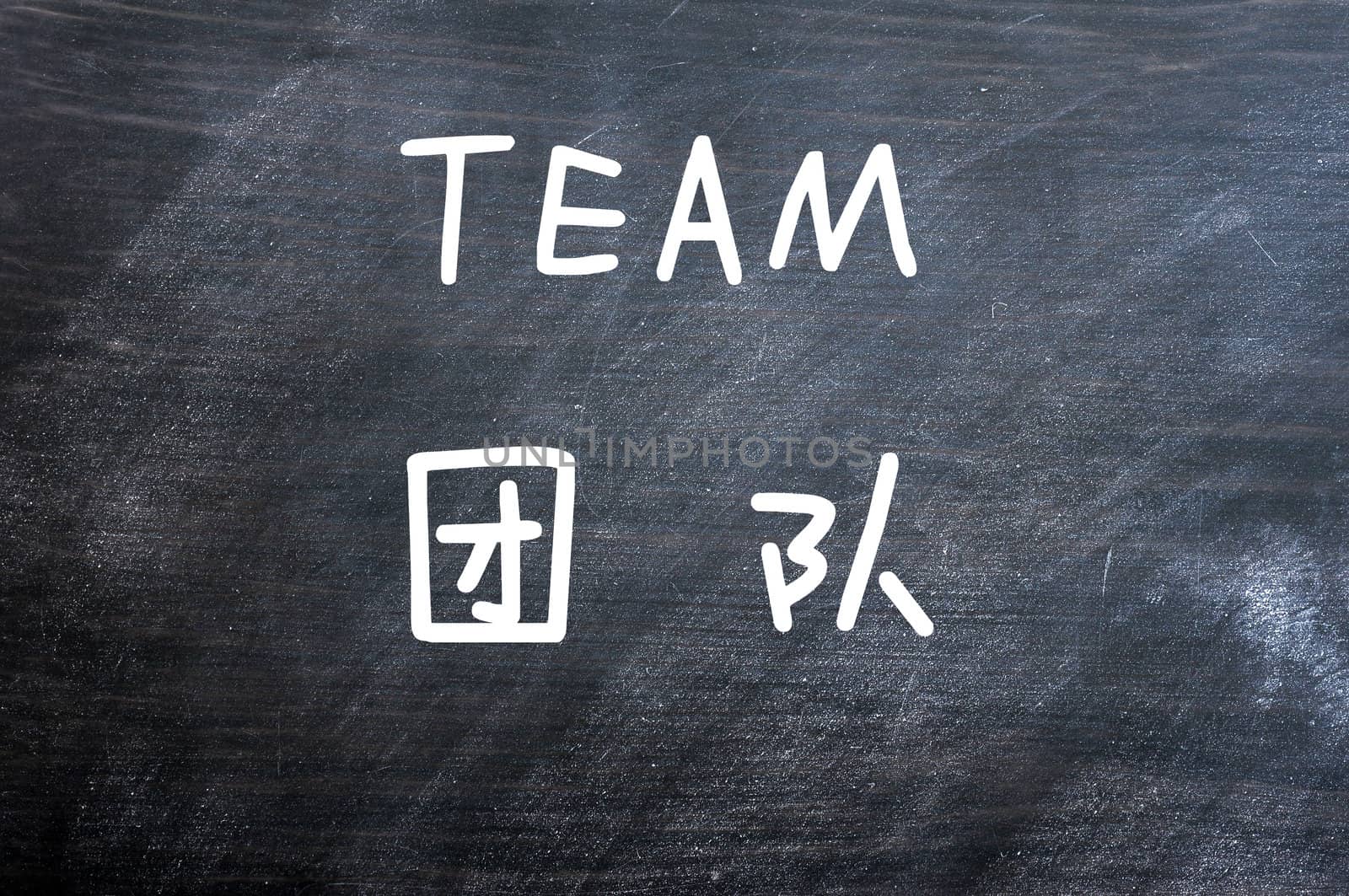 Team - word written on a smudged blackboard with a Chinese translation