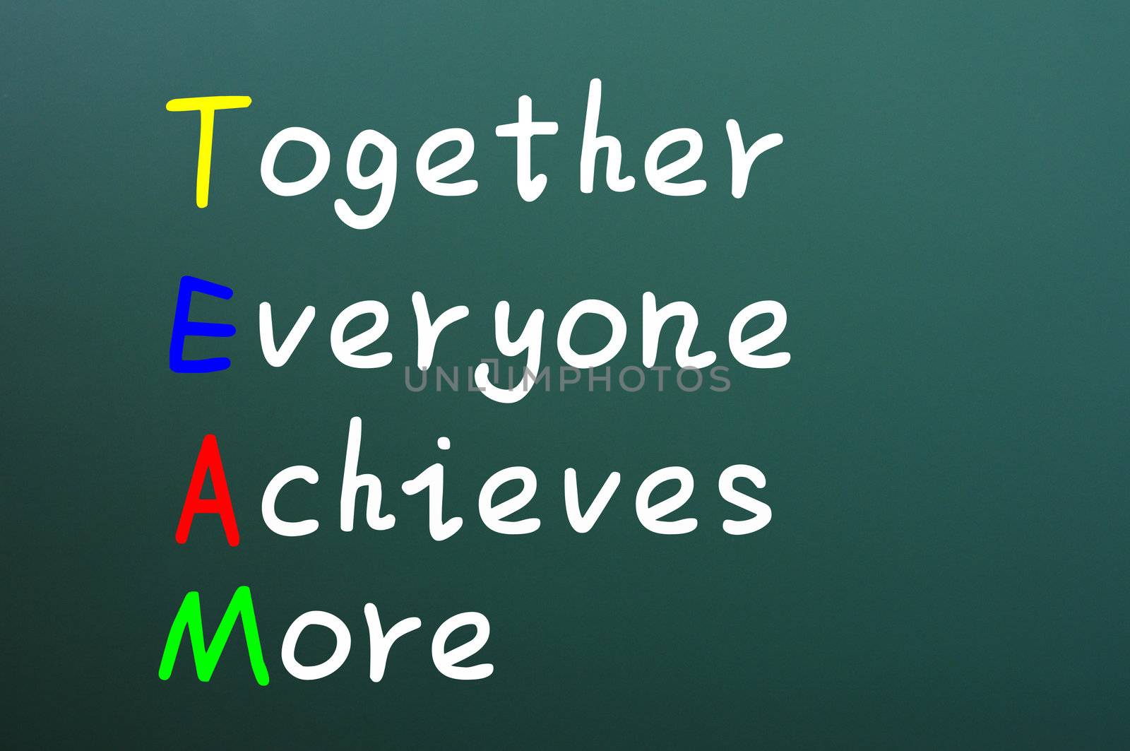 Team acronym for together everyone achieves more written with chalk on a green board
