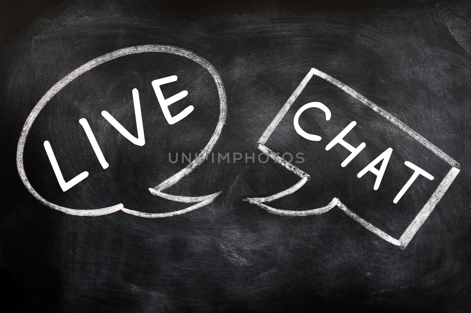 Two speech bubbles for live chat drawn with chalk on a blackboard