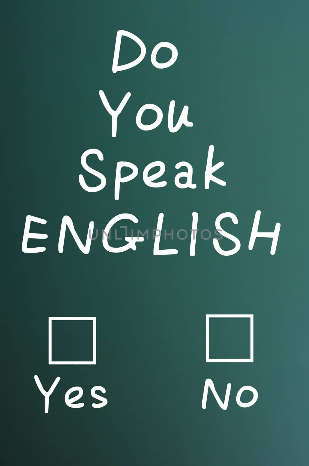 Do you speak English - question written with chalk on a green board, with yes or no check boxes