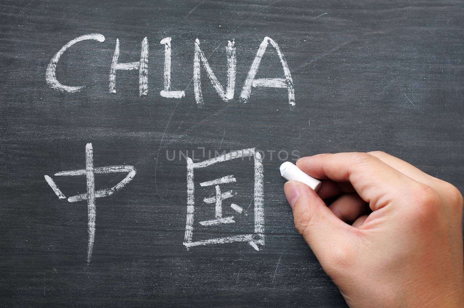 China - word written on a smudged blackboard with a Chinese version, with a hand holding chalk