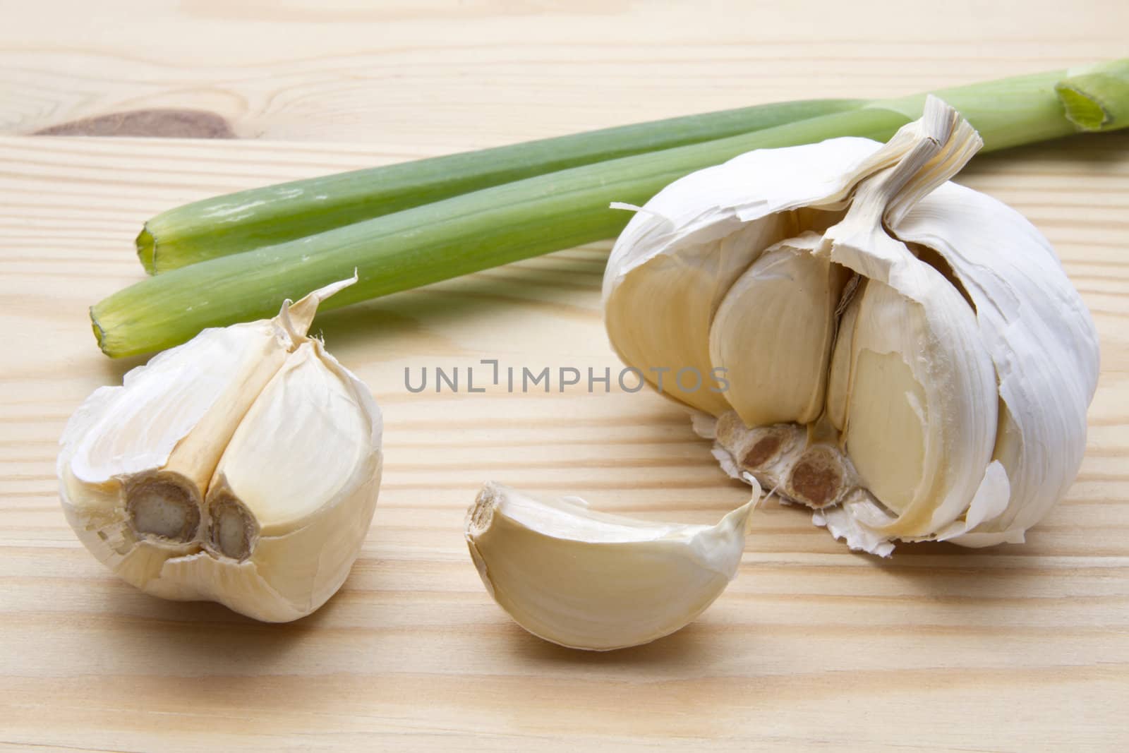 Garlic and green onion closeup on wood background