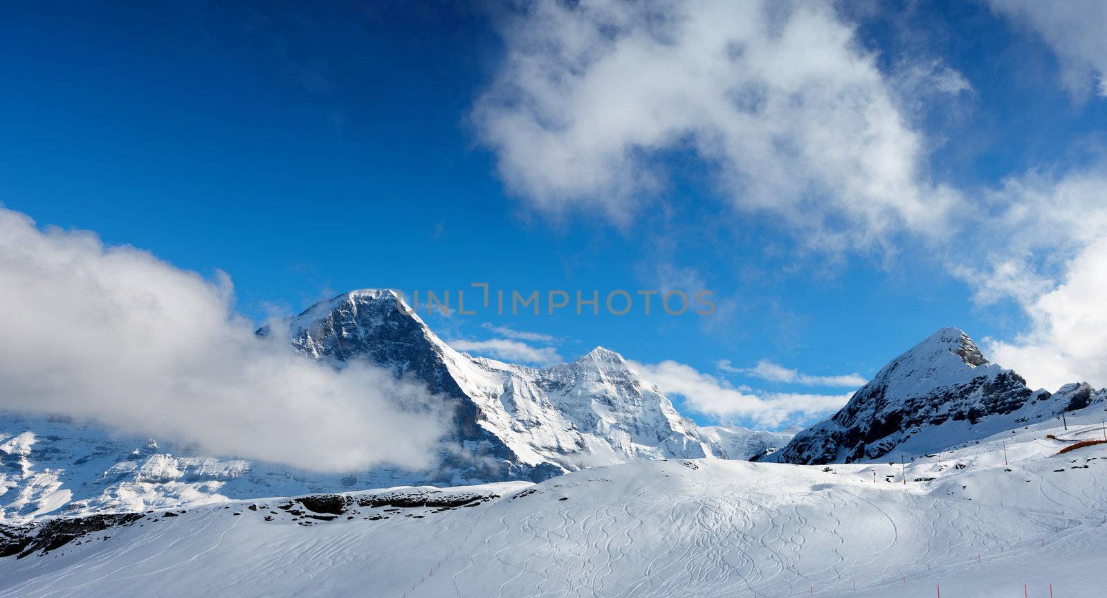 The ski slope. Ski resort of Grindelwald in Switzerland. Bernese Alps.