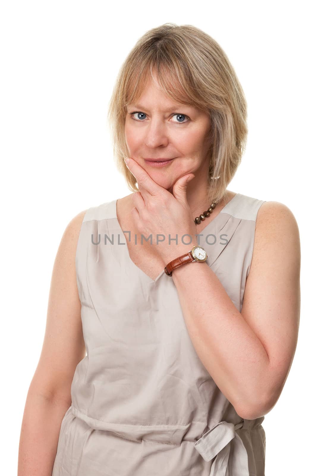 Attractive Mature Woman with Hand to Face and Thoughtful Expression Isolated