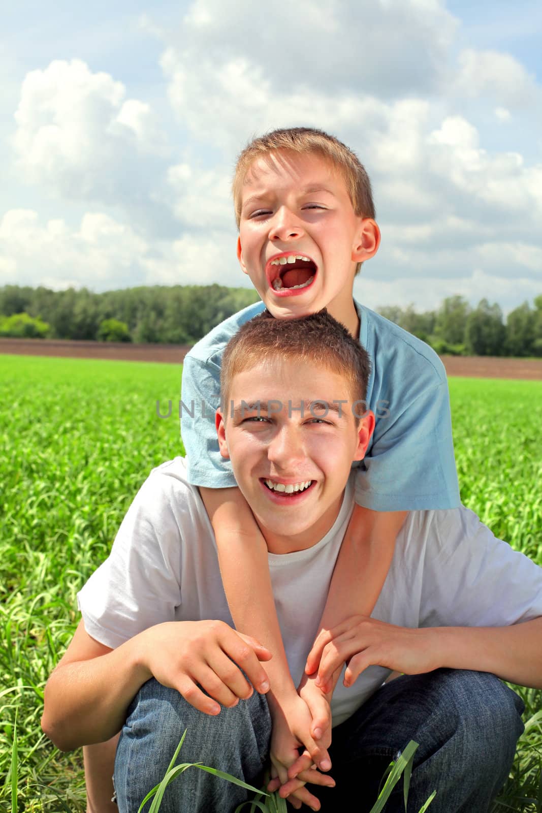 happy brothers in the summer field