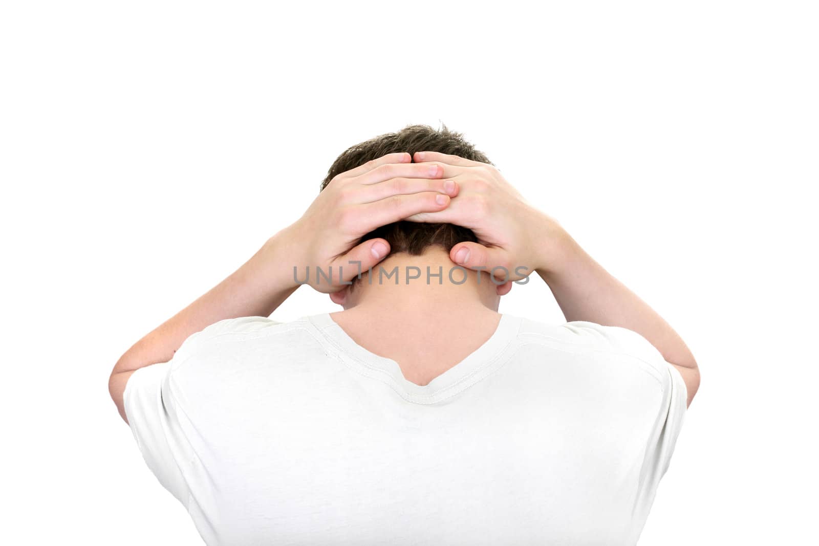 young man hands behind his head isolated on the white background