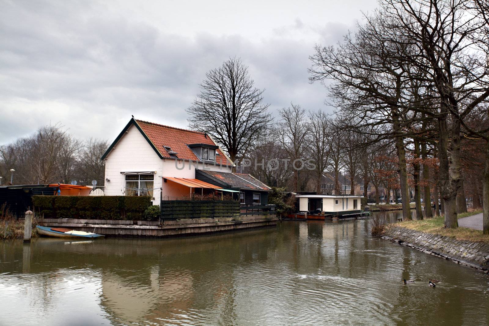 houses on the water in small Dutch town