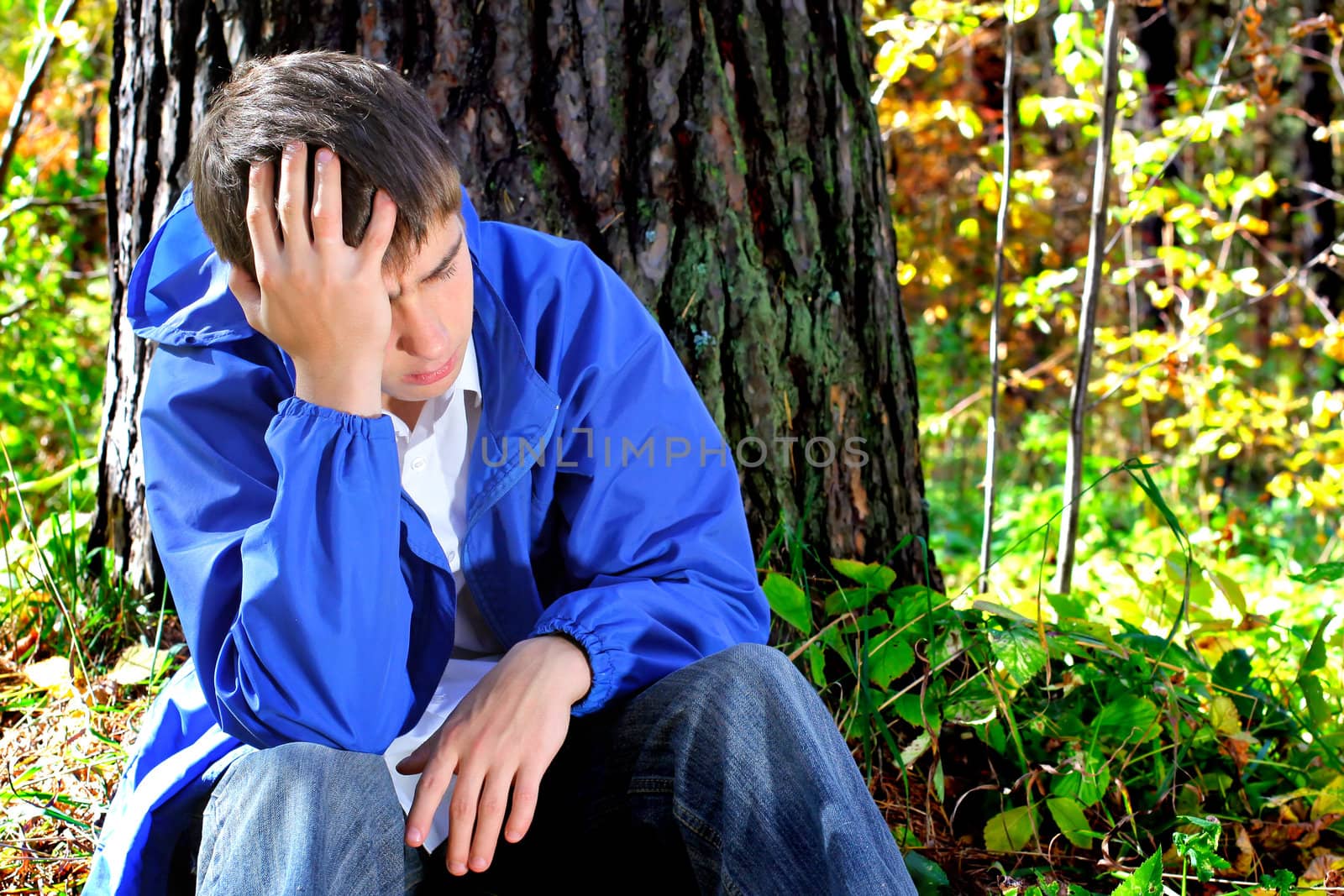 sorrowful teenager sitting in the autumn forest alone