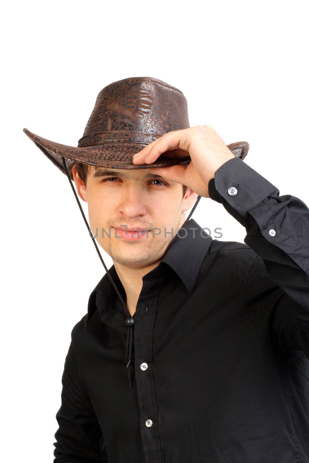 man portrait in the studio in the stetson hat. isolated on the white background