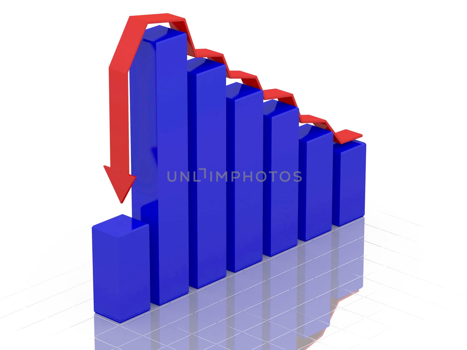 Blue  graph and red arrow on a white background