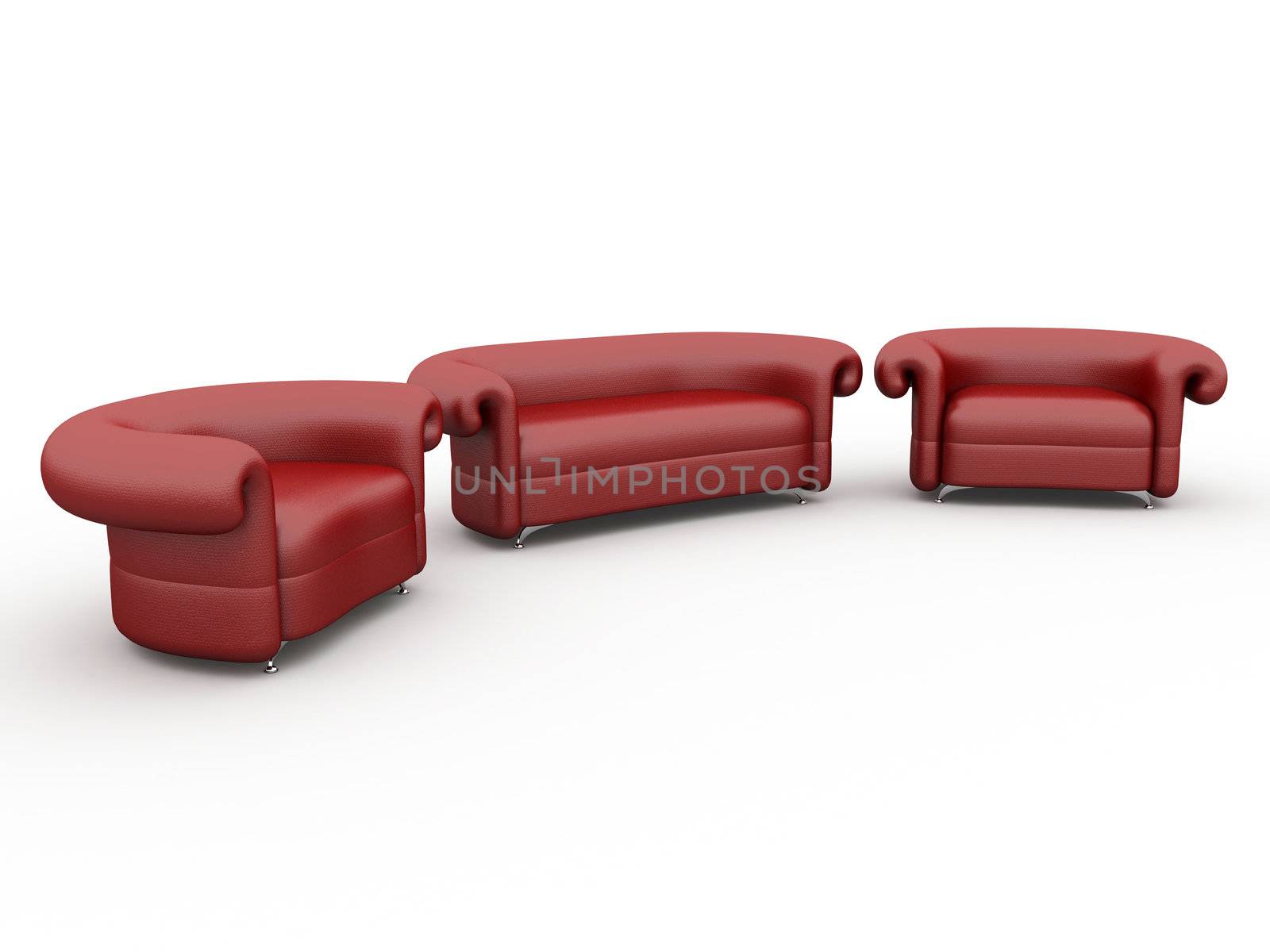 Sofa and armchairs on a white background