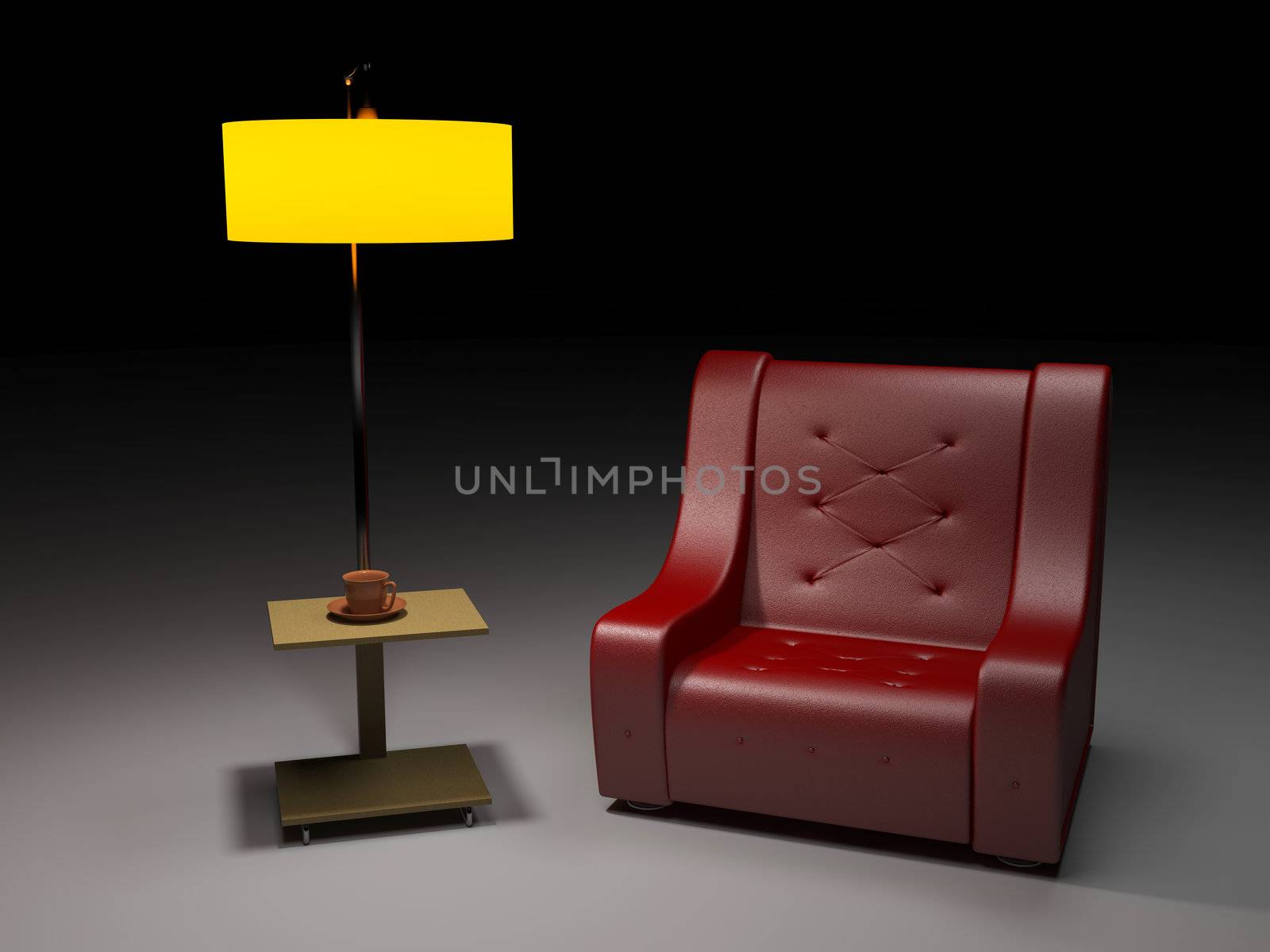 Red  leather armchair near a orange lamp