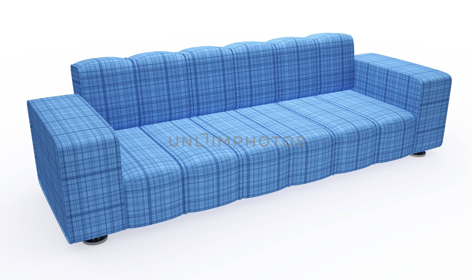 Blue sofa with pillows on a white background