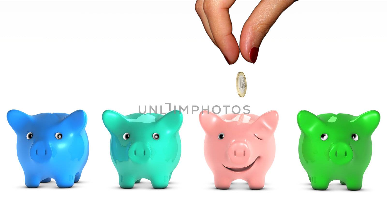 Woman's hand choosing a piggy bank and giving it a piece of money. The selected piggy bank is happy. Concept of doing a good placement choice. Ant fable.
