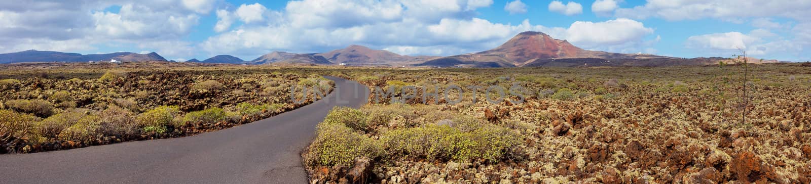 Panorama of empty road crossing the lava in the mountain, Lanzarote, Canary islands, Spain. Vertical view