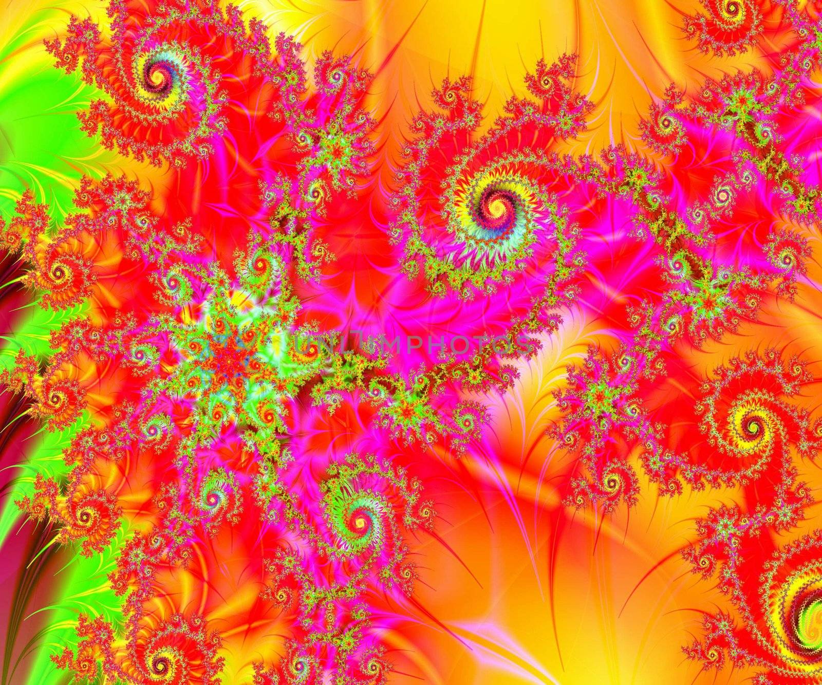 A rich and colorful spiral swirls fractal collage. Digital art creation.