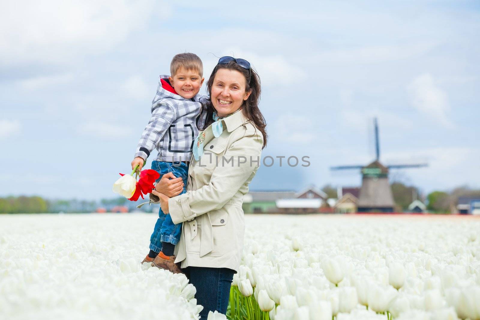 Boy with mother in the purple tulips field by maxoliki