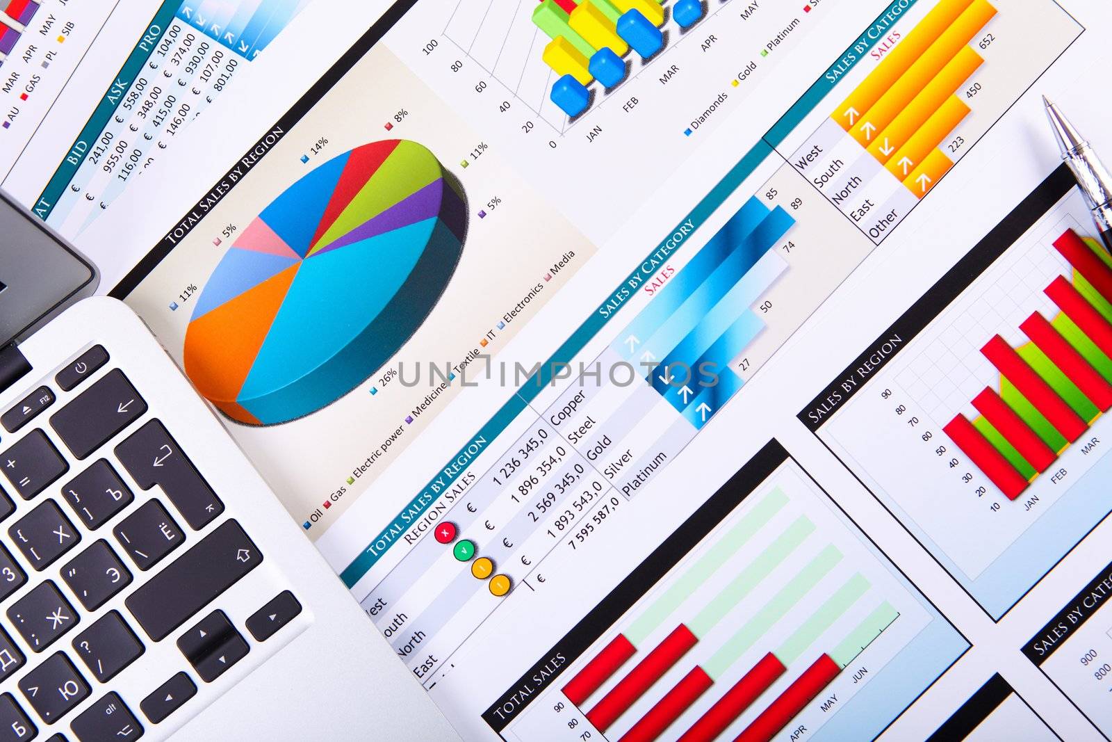 Financial paper charts and graphs on the table