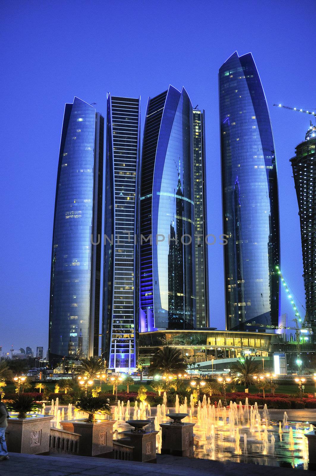 Skyscrapers in Abu Dhabi at dusk, United Arab Emirates