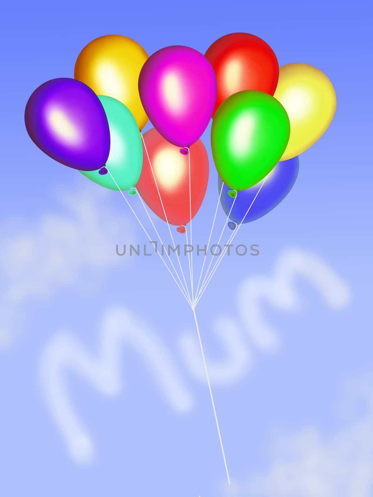 Colourful balloons floating in the sky with Mum in cloud shapes