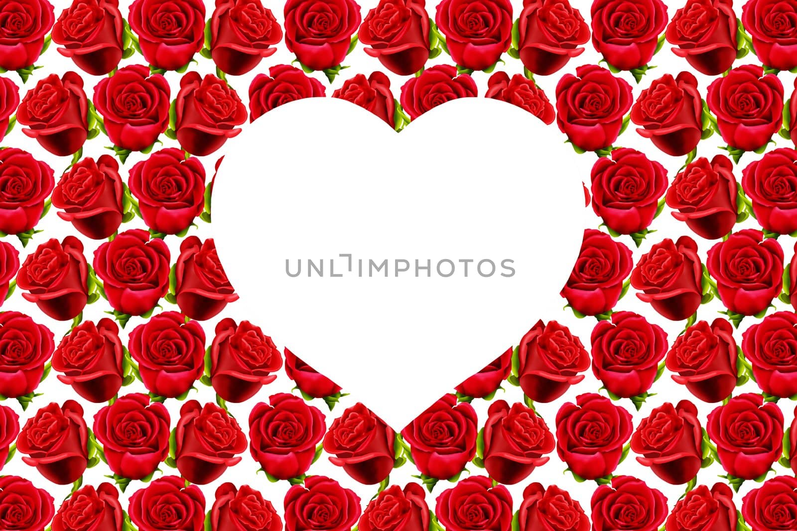 Wallpaper of red roses with a white heart and copy space
