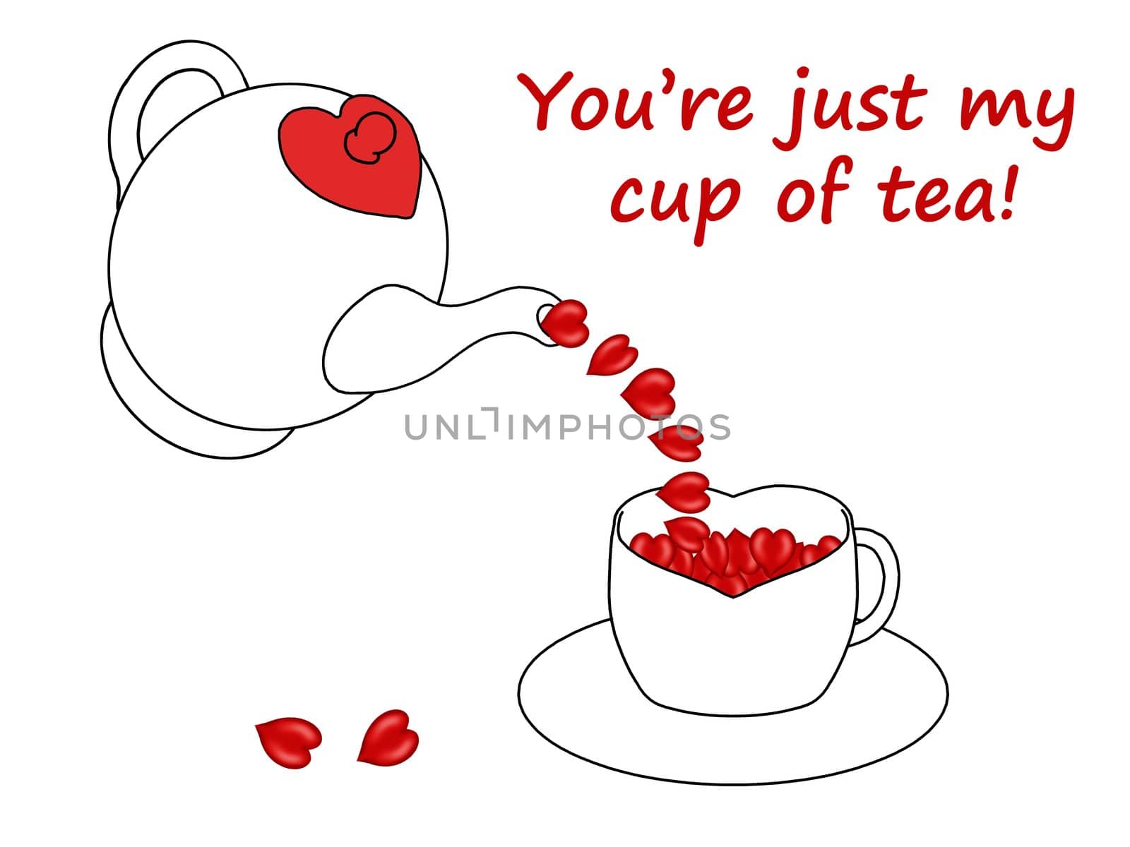 Your just my cup of tea! Teapot pouring red hearts into a teacup isolated on a white background