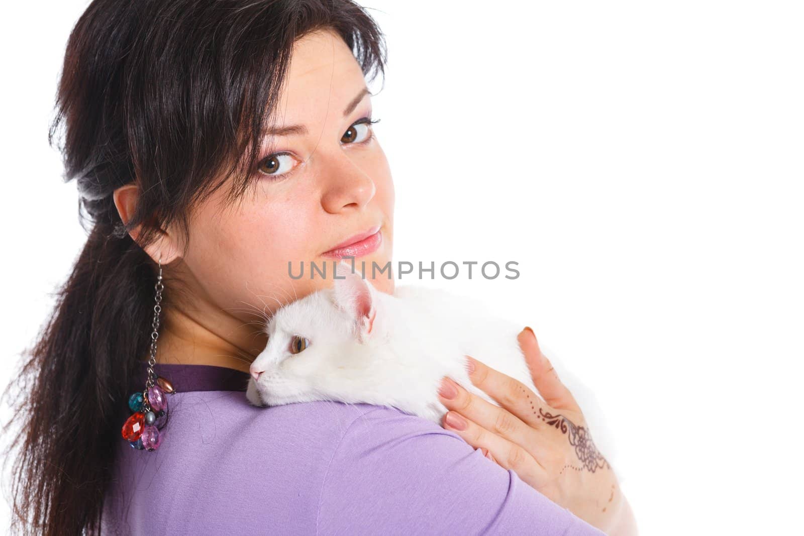 Young pretty woman hold her lovely white cat. Isolated on a white background