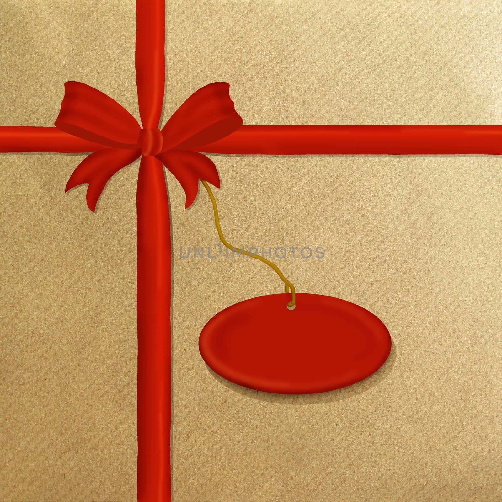 Christmas brown wrapping paper with a red ribbon, bow and copyspace