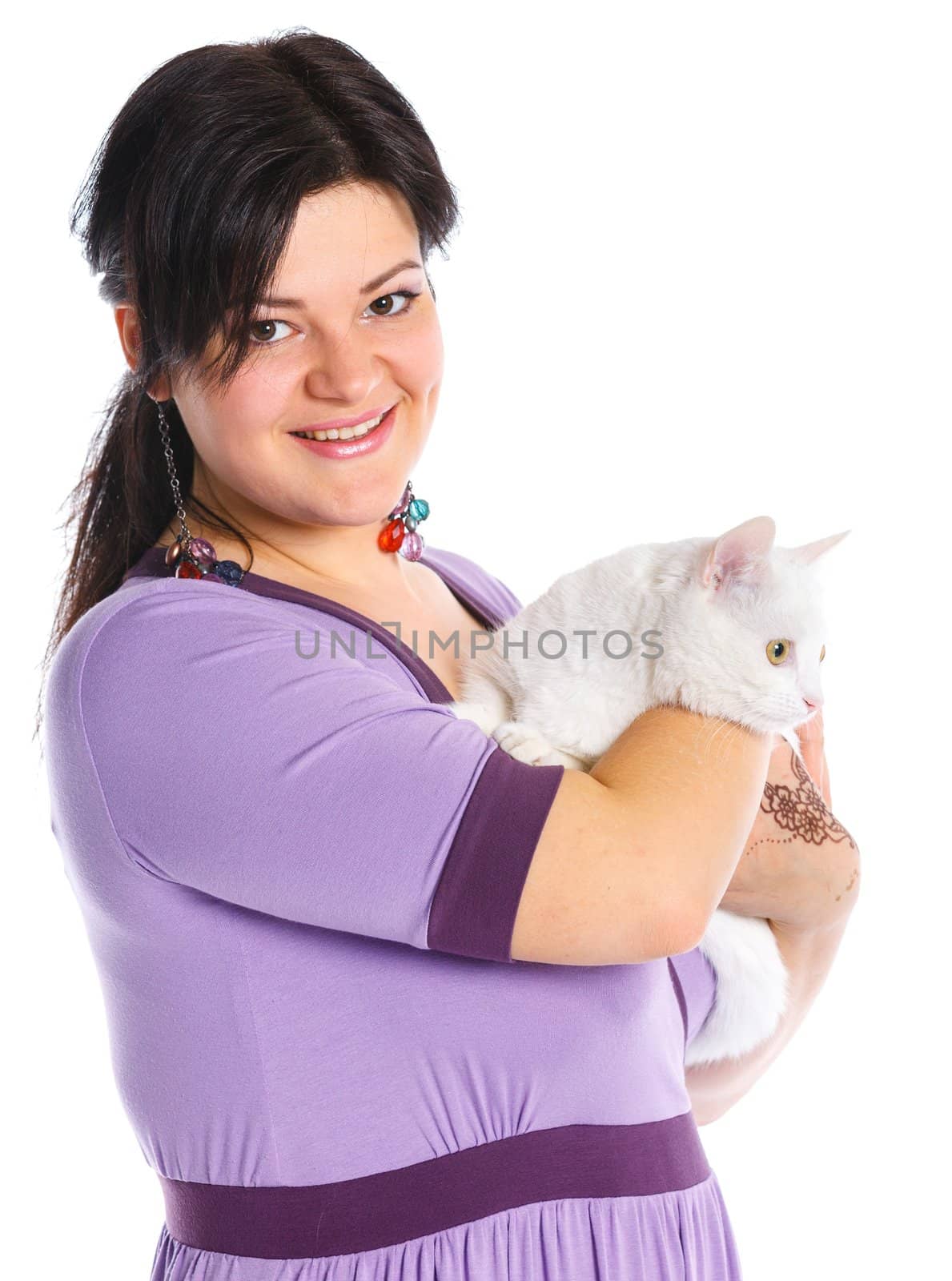 Young pretty woman hold her lovely white cat. Isolated on a white background