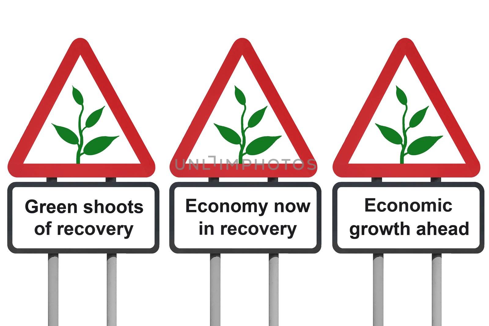 Green shoots of economic recovery roadsign isolated on a white background
