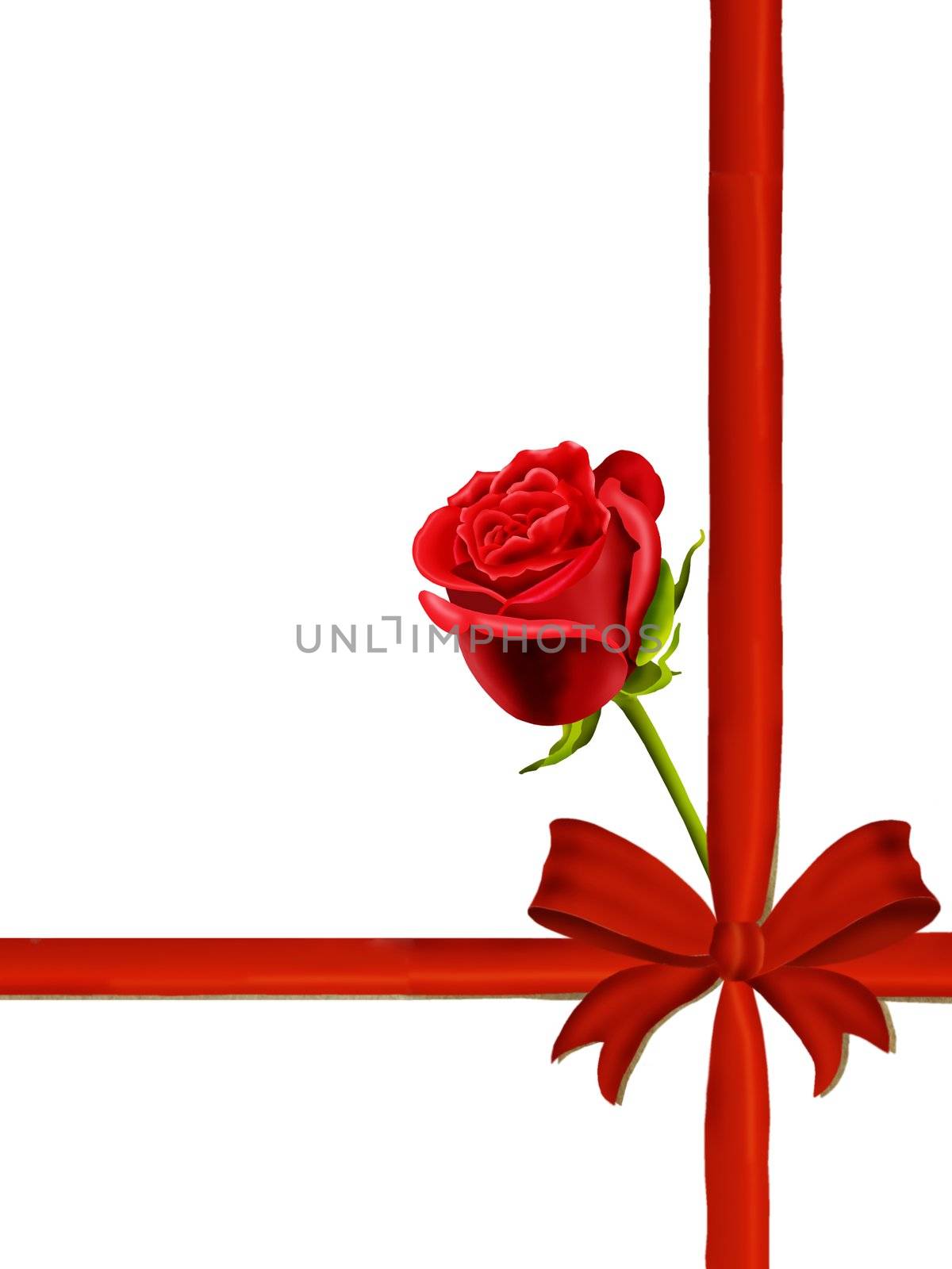 Mother’s Day or birthday card to mum with a single red rose, red ribbon and bow isolated on a white background
